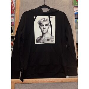 NWT Justin Bieber Portrait Graphic Black Hoodie Sweatshirt Size Large